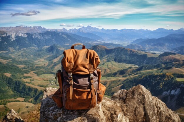 Rucksack auf einem Berggipfel mit Blick auf ein mit generativer KI geschaffenes Tal