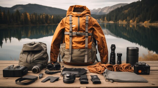 Foto rucksack auf einem holztisch am see