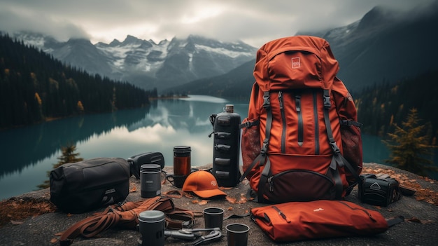 Rucksack auf einem Holztisch am See