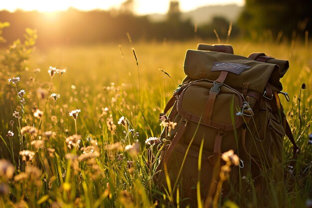 Rucksack für Touristen im grünen Gras auf der Wiese bei Sonnenaufgang