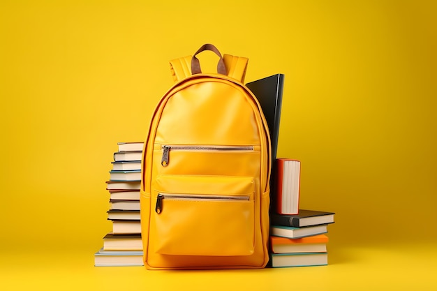 Rucksack gefüllt mit Lehrbüchern, Notizbüchern und Schulmaterialien, die die Bedeutung des Wissens symbolisieren