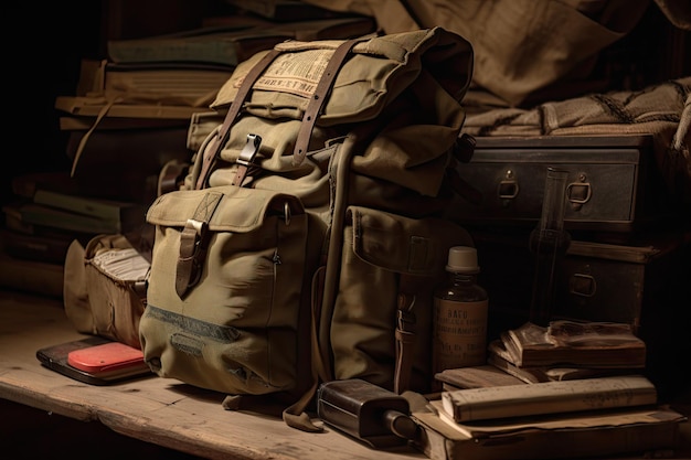 Rucksack gefüllt mit medizinischen Hilfsgütern und Proviant, bereit für die Evakuierung verwundeter Soldaten