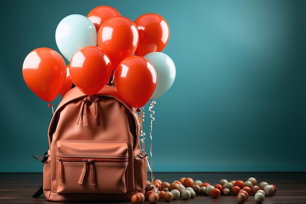 Rucksack mit bunten Luftballons auf Holztisch Zurück zum Schulkonzept