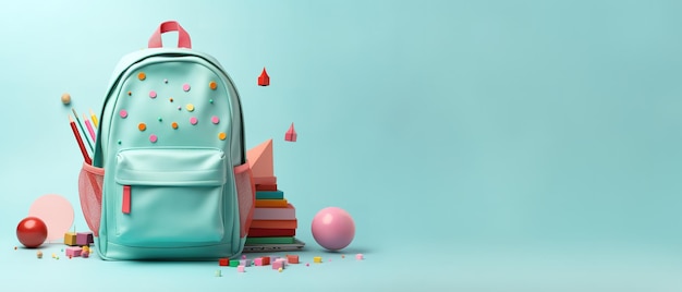 Rucksack mit leuchtendem Schulpapier auf isoliertem Hintergrund-Banner-Design Zurück zur Schule-Konzept