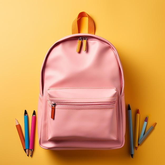 Rucksack mit Schulmaterial, Draufsicht auf rosafarbenem, leerem Hintergrund