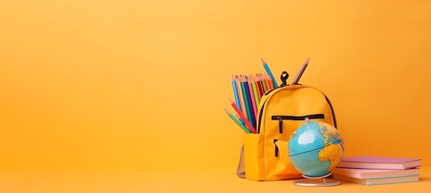 Rucksack mit verschiedenen bunten Schreibwaren auf dem Tisch, Banner-Design auf wunderschönem gelben Hintergrund, eine von der KI generierte Idee für den Schulanfang
