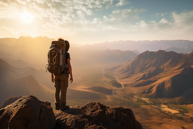 Foto rucksacker auf einem berggipfel mit einem ausgedehnten blick auf täler und berge