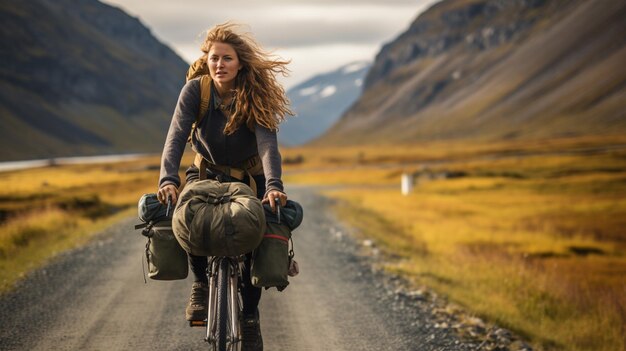 Rucksackfahrerin fährt Fahrrad in den Bergen Sport und Radfahren Reisen mit dem Fahrrad