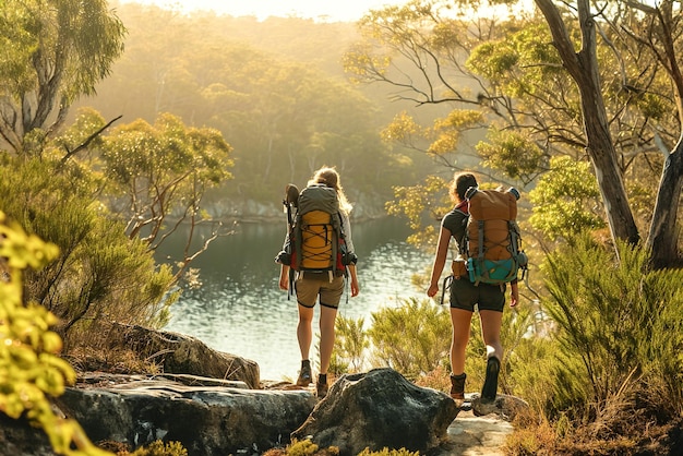 Rucksacktouristen erkunden abgelegene und unberührte Naturlandschaften