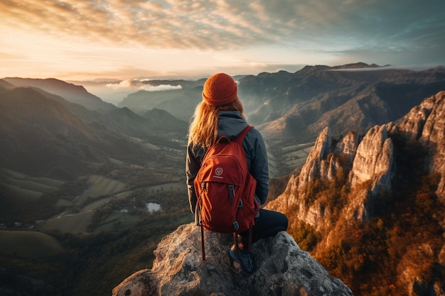 Rucksacktouristin genießt die Aussicht am Rande einer Berggipfelklippe