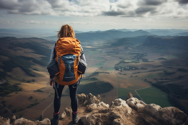 Rucksacktouristin genießt die Aussicht am Rande einer Berggipfelklippe