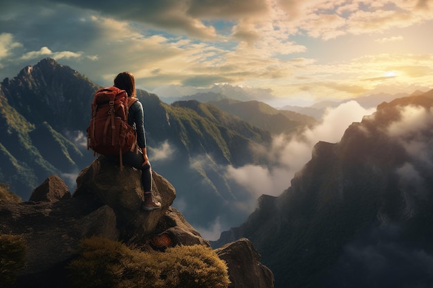 Rucksacktouristin genießt die Aussicht am Rande einer Berggipfelklippe