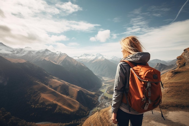 Rucksacktouristin genießt die Aussicht am Rande einer Berggipfelklippe