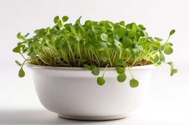 Rucola crescendo em pote branco sobre fundo branco IA generativa