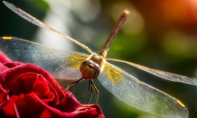 Ruddy Darter Dragonfly Sitzt auf einer Rosenblume, Nahaufnahme, selektiver Fokus.