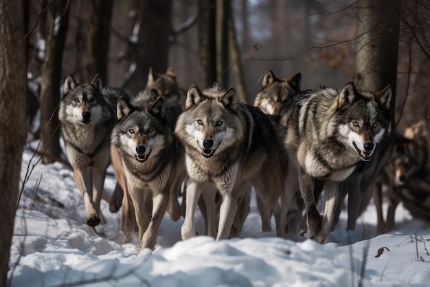 Rudel hungriger Wölfe, die im Winter jagen