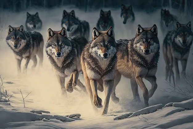 Rudel hungriger Wölfe, die im Winter jagen