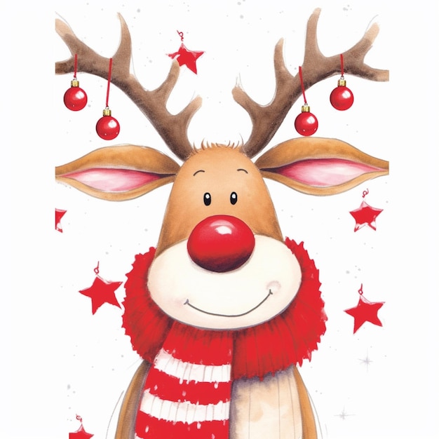 Rudolph, a renas, está usando um lenço vermelho e um nariz vermelho.