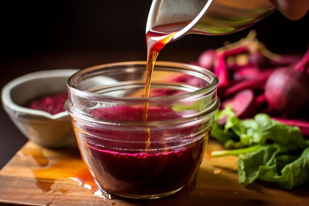 Foto rübensaft wird einer stirfry-sauce hinzugefügt, um eine farbe zu erzeugen