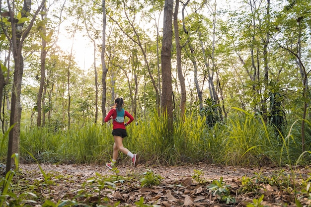 Rückansicht der erwachsenen asiatischen Trailrunnerin mit Laufweste übt Trailrunning im Wald