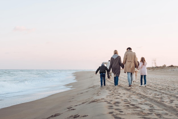 Rückansicht der Familie, die Händchen hält und am Sandstrand spazieren geht