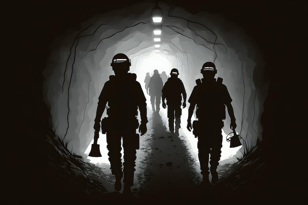 Rückansicht der Silhouetten männlicher Arbeiter in einem dunklen Kohlebergwerk. Ein neuronales Netzwerk erzeugte Kunst