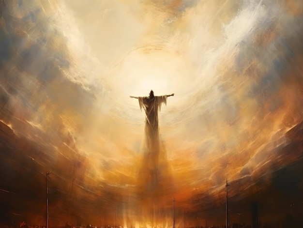 Foto rückansicht des auferstandenen jesus christus, der in den himmel aufsteigt. über dem himmel und den wolken. konzept des himmels gottes und des zweiten kommens