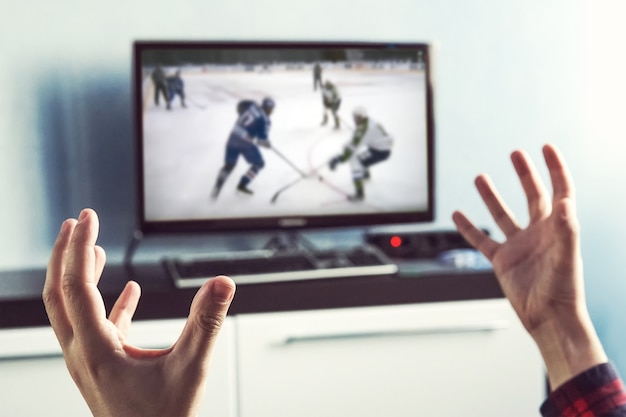 Rückansicht des aufregungsmannes mit gestikulierenden händen, wie er zu hause eishockey im fernsehen sieht