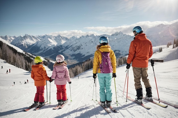 Rückansicht des Familien-Skiurlaubs Gruppe junger Skifahrer ai generativ