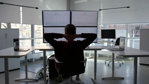Rückansicht des Finanzberaters, der am Arbeitsplatz mit mehreren Bildschirmen arbeitet und sich entspannt