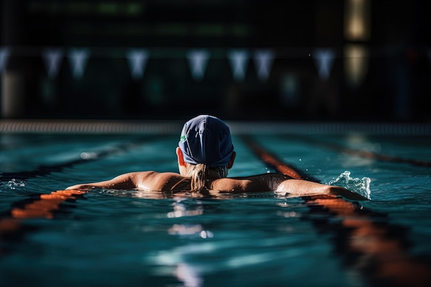 Rückansicht des muskulösen Schwimmers mit Badekappe und Schutzbrille beim Training am Swimmingpool Illustration generative ai