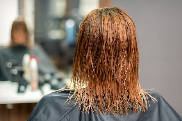 Rückansicht des schönen nassen langen roten glatten Haares der jungen Frau im Friseursalon