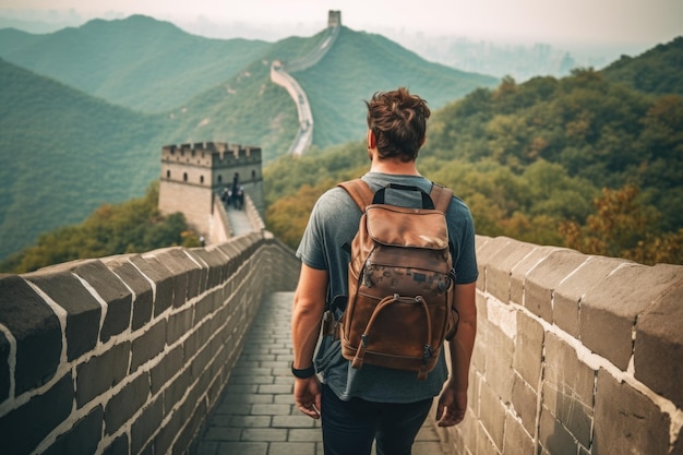 Rückansicht, die ein männlicher Tourist in der Chinesischen Mauer betrachtet