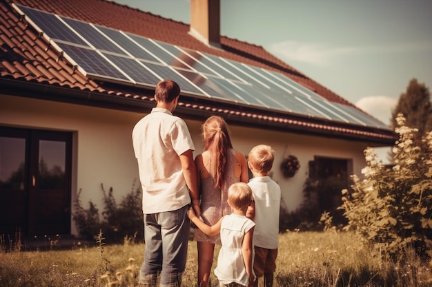 Rückansicht einer Familie vor einem Haus mit Sonnenkollektoren. Generative KI