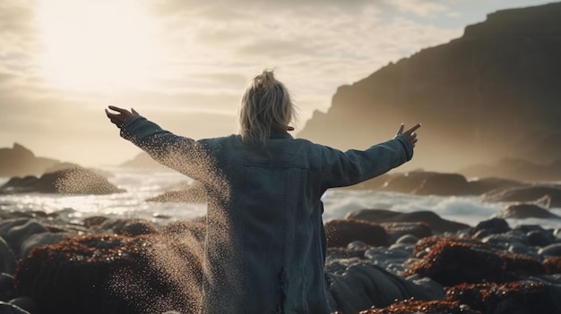 Foto rückansicht einer frau am meeresstrand, die mit offenen händen steht generative ki