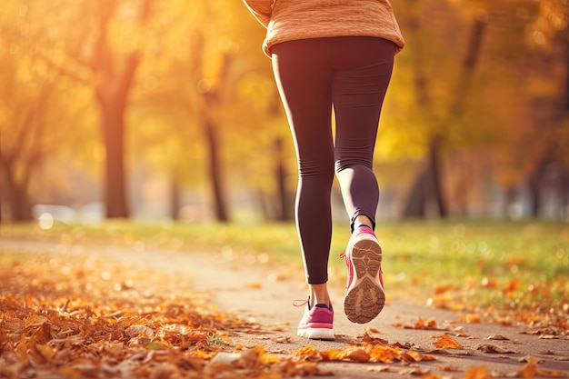 Rückansicht einer Frau beim Joggen im Herbstpark, sportlicher Lebensstil, generative KI