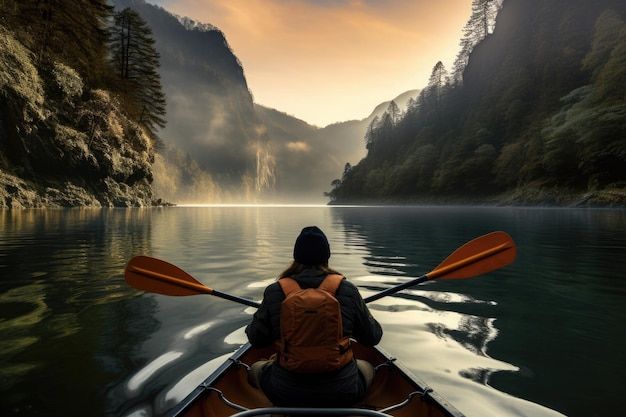 Rückansicht einer Frau, die auf einem Boot auf einem See in einer wunderschönen Berglandschaft segelt. Outdoor-Aktivitäten, sportlicher Lebensstil, erstellt mit generativer KI