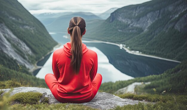 Rückansicht einer Frau, die auf einem Stein sitzt und auf den Fjord blickt. Generative KI