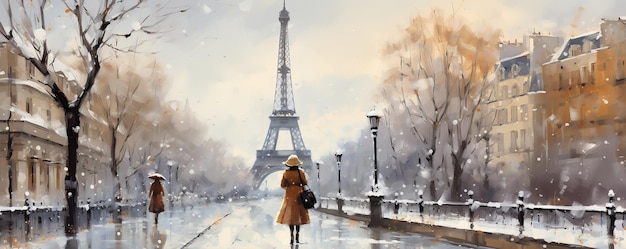 Rückansicht einer Frau im Winter in Paris AI Generated
