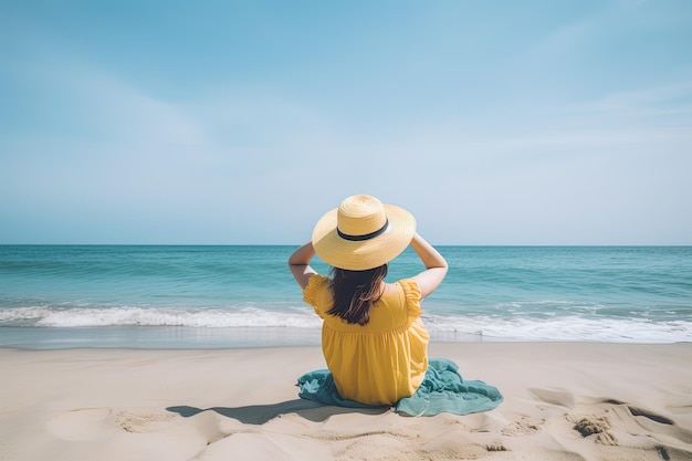 Rückansicht einer Frau mit Hut, die an einem Strand sitzt