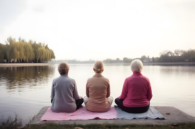 Rückansicht einer Gruppe älterer Frauen, die Yoga-Übungen vor dem Neuralsee im Sommermorgen machen