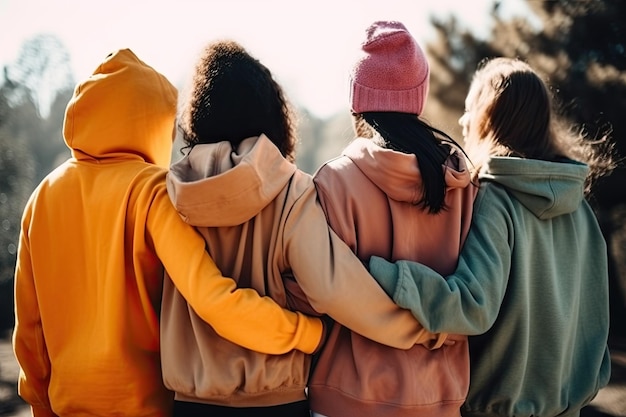 Rückansicht einer Gruppe bunt gekleideter Menschen verschiedener Rassen, die sich an einem sonnigen, hellen Tag umarmen