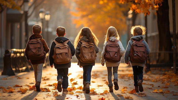 Rückansicht einer Gruppe von Grundschülern, die zur Schule laufen