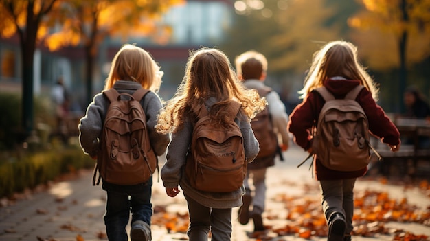 Rückansicht einer Gruppe von Grundschülern, die zur Schule laufen