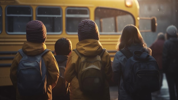 Rückansicht einer Gruppe von Schulkindern, die mit einem Schulbus stehen Generative Ai