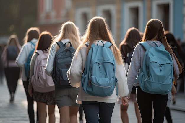 Rückansicht einer Gruppe von Studentinnen mit Rucksäcken, die durch die Stadt spazieren. Schülerinnen, vollständige Rückansicht mit Schulrucksack, KI-generiert