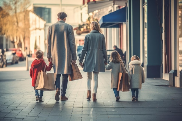 Foto rückansicht einer jungen familie, die mit einkaufstüten die straße entlang geht. generative ki