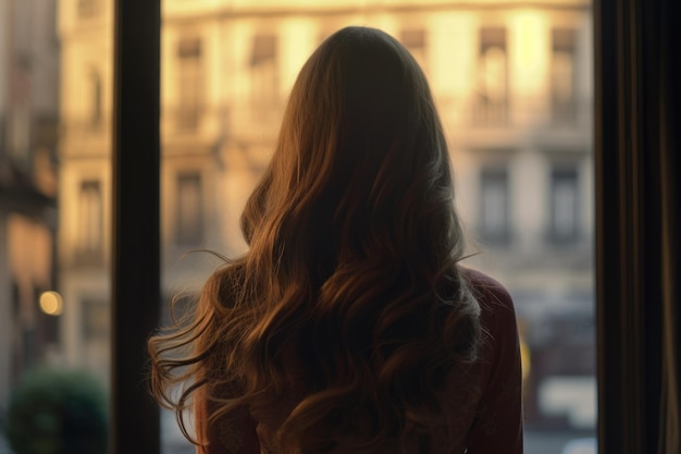 Rückansicht einer jungen Frau, die im Fenster steht und nach draußen blickt