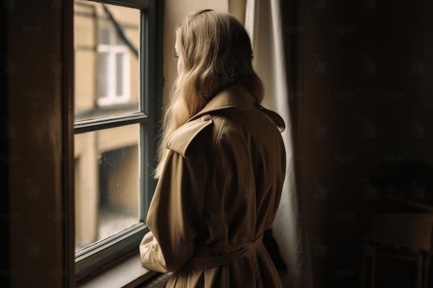 Rückansicht einer jungen Frau im Retro-Trenchcoat, die auf der Fensterbank steht