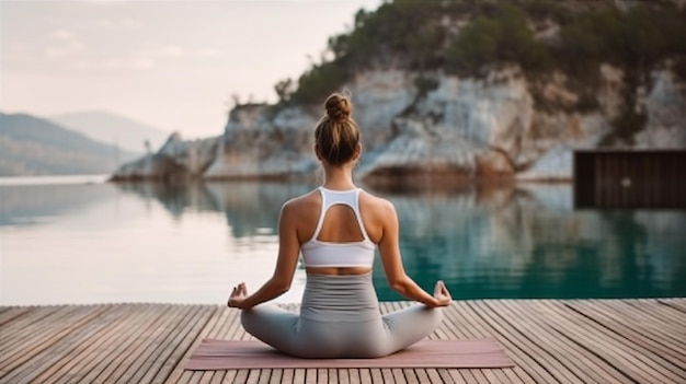 Rückansicht einer jungen Frau in Sportbekleidung, die Yoga praktiziert, während sie im Lotussitz sitzt Generative KI